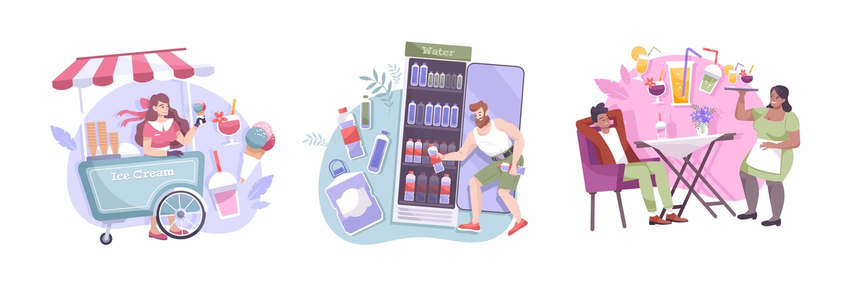Three flat cool drink composition icon set with ice cream truck cocktail in the cafe and cold bottle of water vector illustration