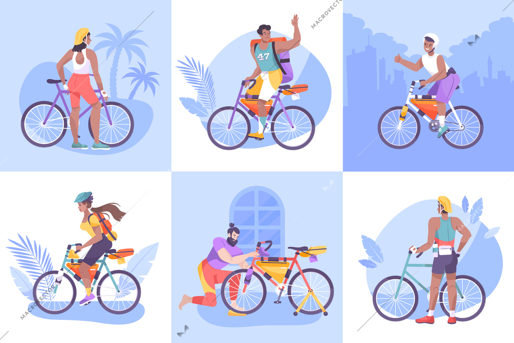 Flat bike tourism composition icon set with six different people or tourists on bikes and with equipment vector illustration