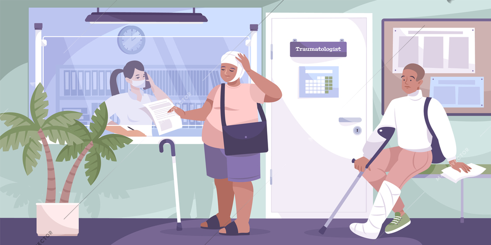 Traumatology clinic composition two people with injuries stand at the front desk of trauma center vector illustration