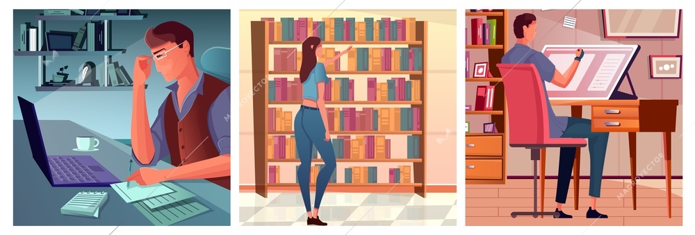 Flat set of compositions with writer and illustrator at their work places and woman choosing books in shop isolated vector illustration