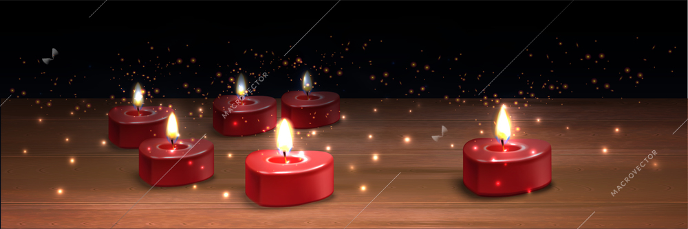 Realistic valentine candles background composition with images of lovely heart shaped burning candles with light particles vector illustration