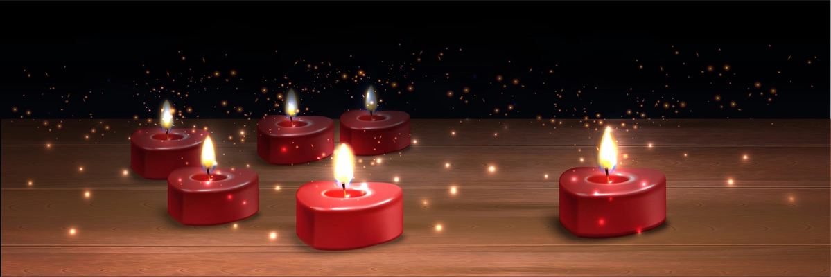 Realistic valentine candles background composition with images of lovely heart shaped burning candles with light particles vector illustration