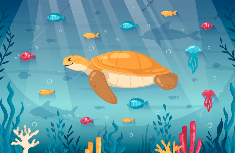 Diving snorkeling ocean underwater world cartoon background composition with smiling turtle jellyfish seaweeds coral reef vector illustration