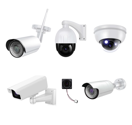 White video surveillance security cameras isolated and realistic icon set for different purposes vector illustration