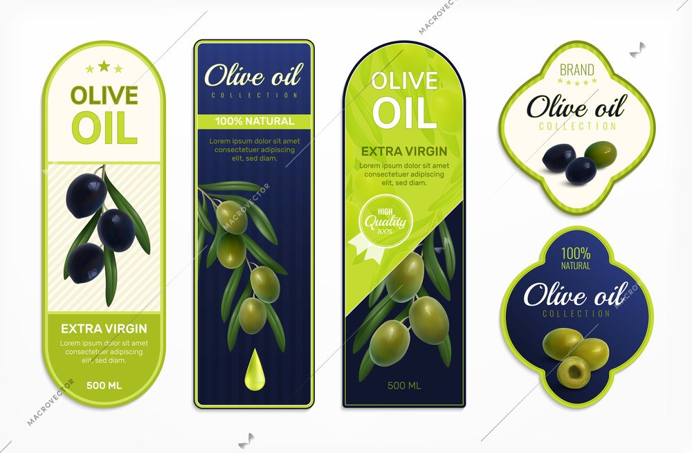 Olive oil labels design set realitic isolated vector illustration