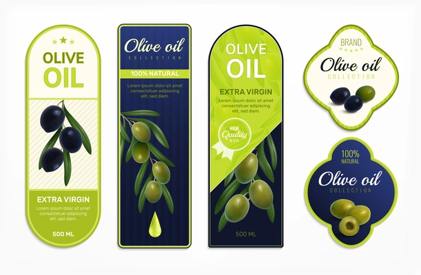 Olive oil labels design set realitic isolated vector illustration