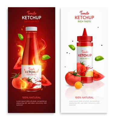 Tomatoe ketchup realistic vertical banners set isolated vector illustration