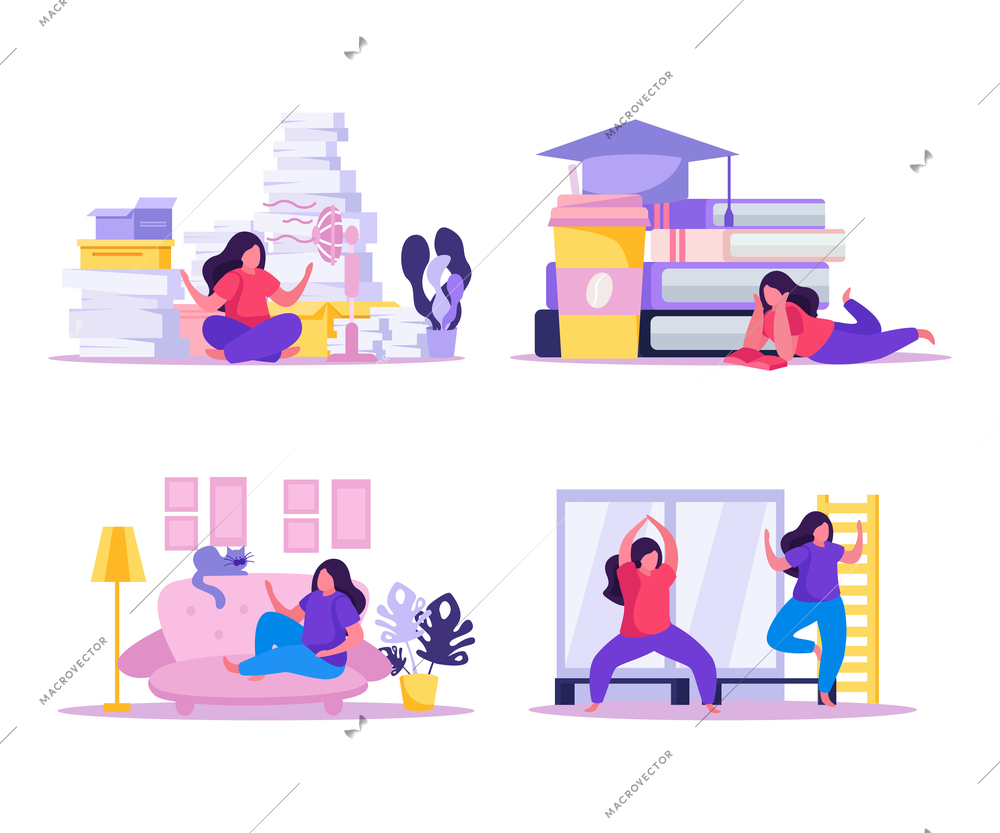 Four self care concept flat set with balance chill and calm woman vector illustration