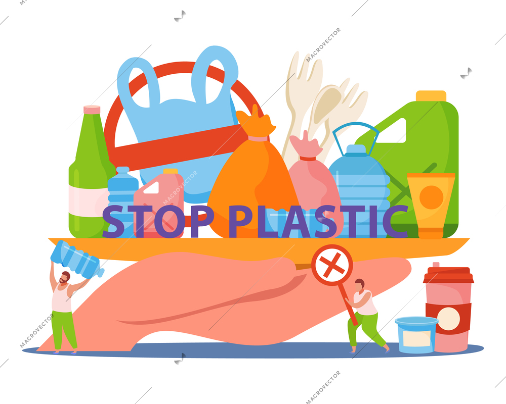 Flat self care concept  composition with stop plastic headline and plastic bags around vector illustration