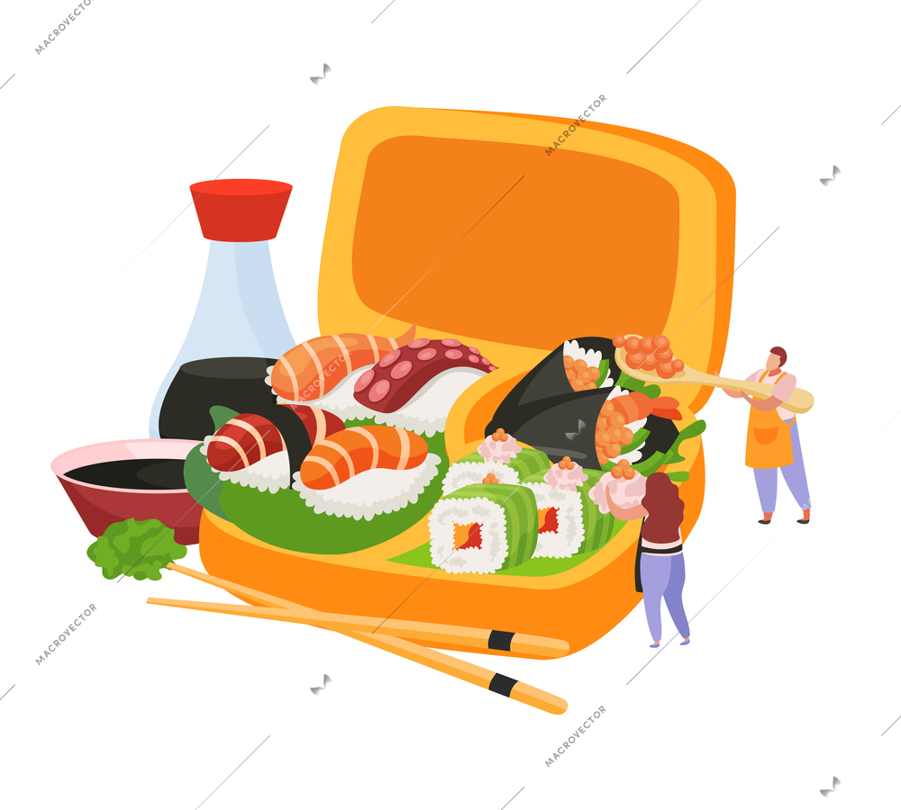 Sushi flat composition with sushi set in box soy sauce and wasabi vector illustration