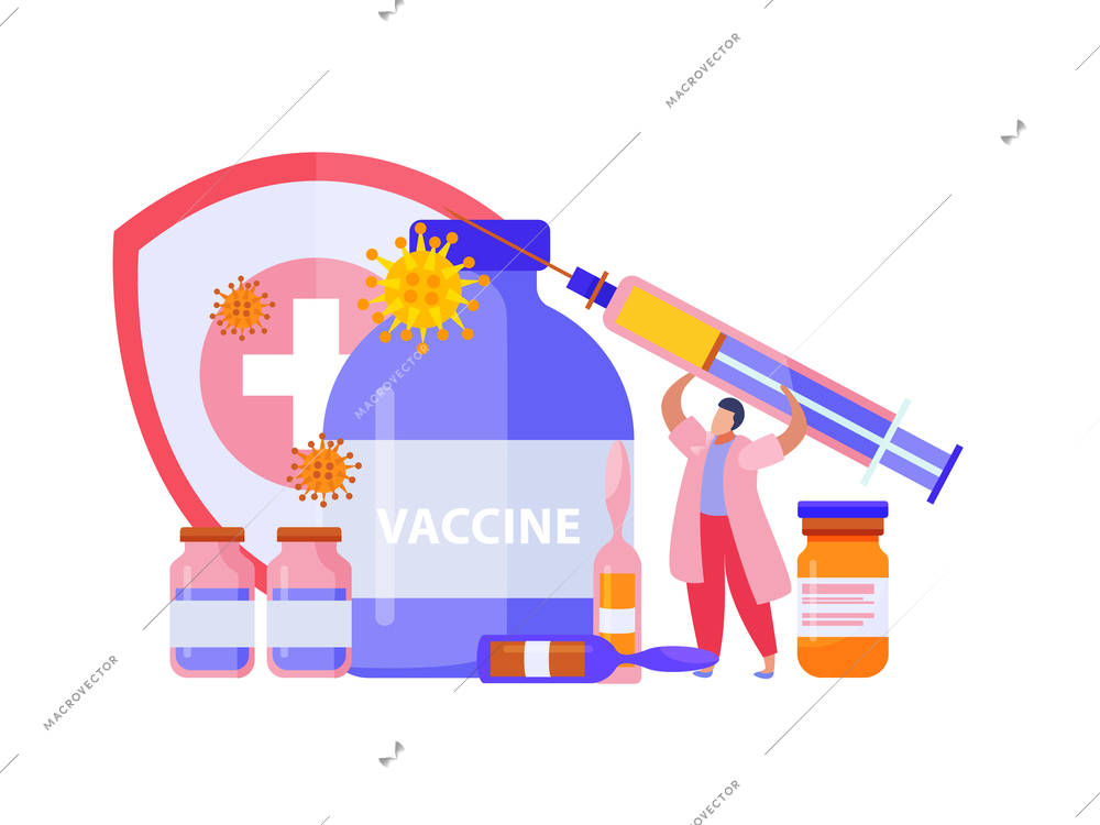 Vaccination flat background with vaccine bottle syringe in doctor s hands and ampoules vector illustration