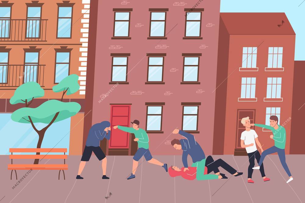 Fight on street flat composition with teenage characters of hooligans in outdoor landscape with apartment houses vector illustration