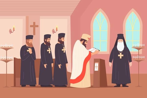 Christianity religion flat composition with indoor scenery of chapel with clerical order characters preaching a sermon vector illustration