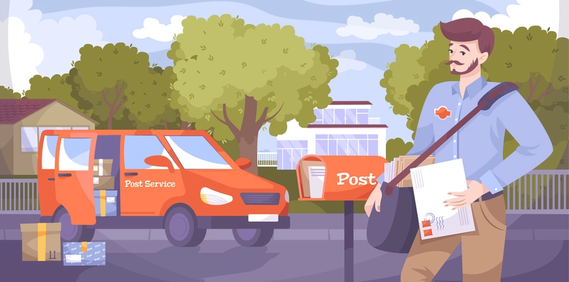 Postman flat composition of outdoor street scenery with postal worker delivering letters and parcels with van vector illustration