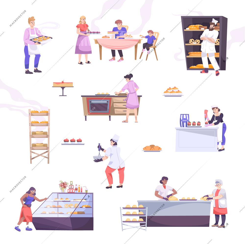 Bakery set with flat icons of baked foods and kitchen utensils with bakers and visitor characters vector illustration