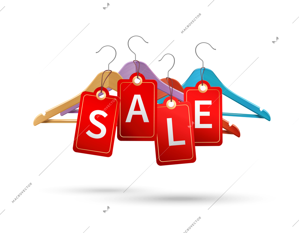 Clothes wooden hangers with discount sale text isolated 3d vector illustration