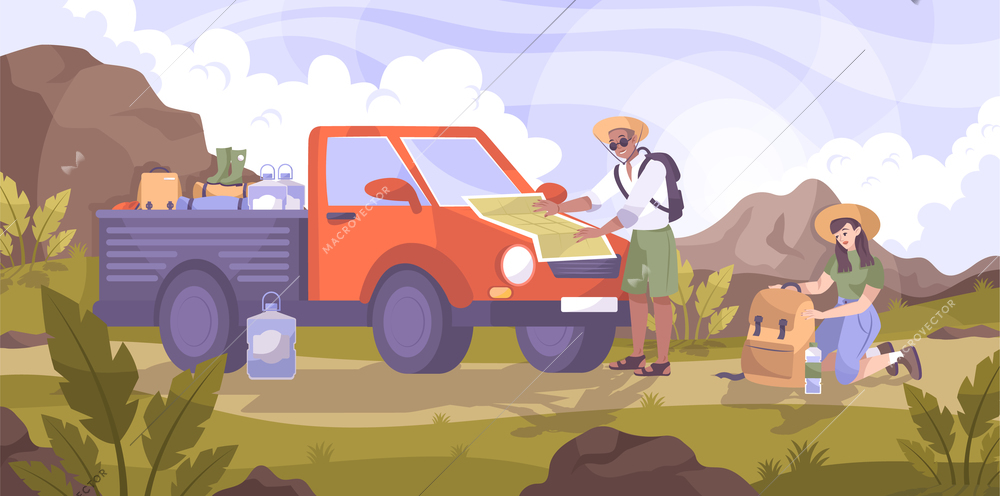 Car travel flat composition with small truck and group of traveler characters in mountain landscape environment vector illustration