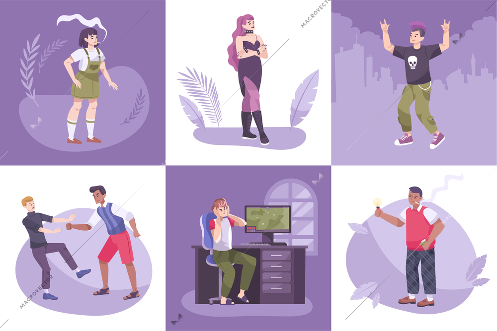 Troubled teens design concept with set of compositions with human characters of teenagers in different situations vector illustration