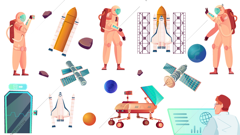 Space technology set with flat icons of satellites and rockets with mission control and astronauts characters vector illustration