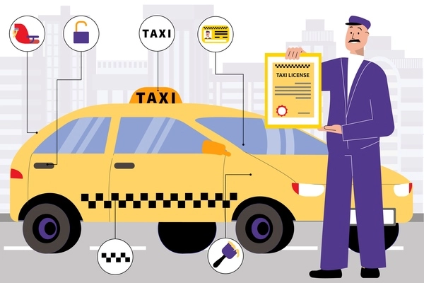 Taxi license flat composition with character of driver with certificate and car with round pictogram icons vector illustration