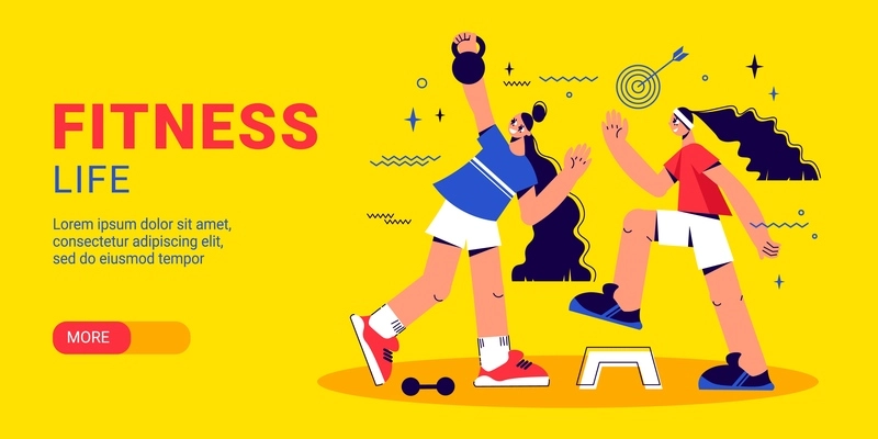 Fitness wellness healthy lifestyle info website horizontal banner with 2 exercising young women yellow background vector illustration