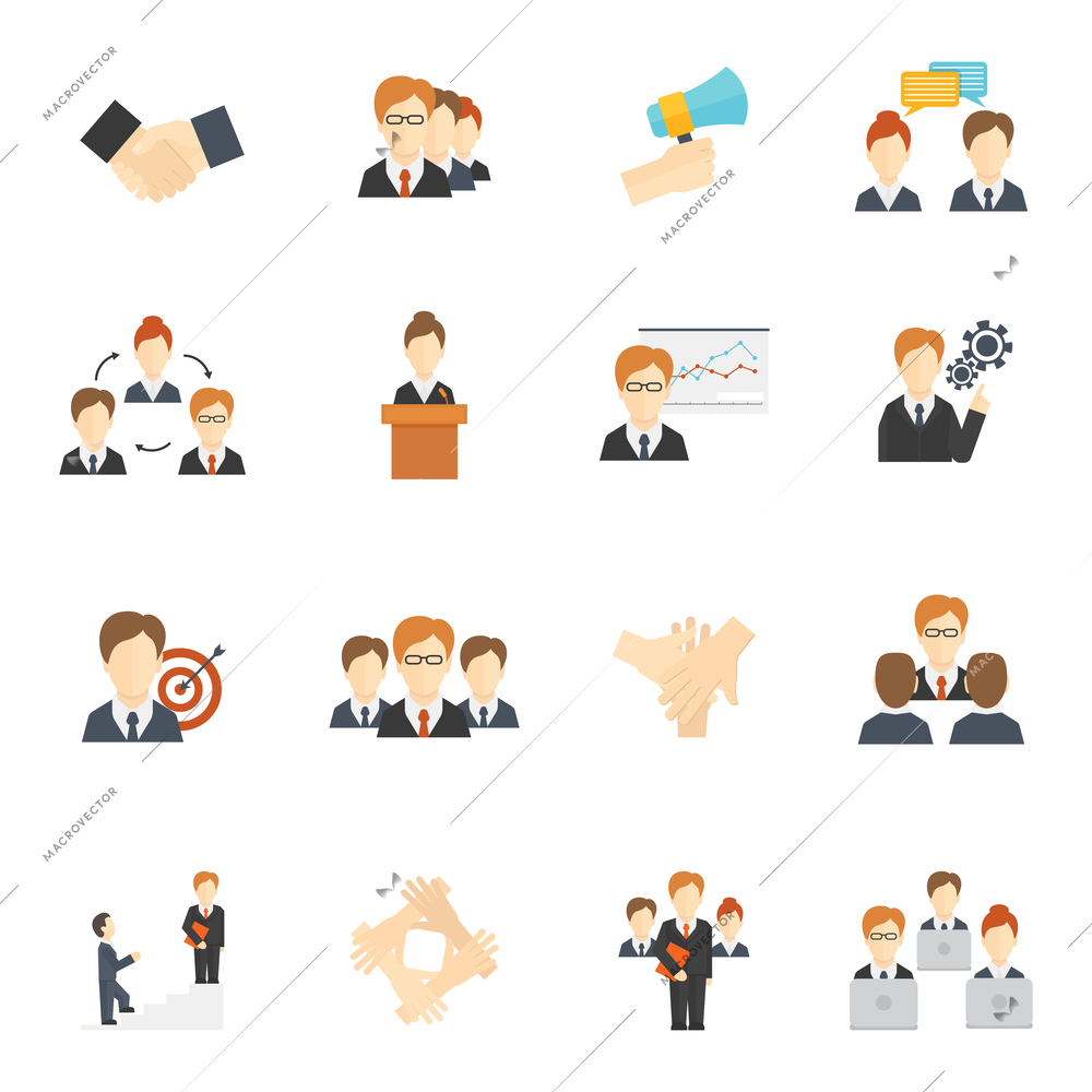 Teamwork corporate organization icons flat icons set isolated vector illustration