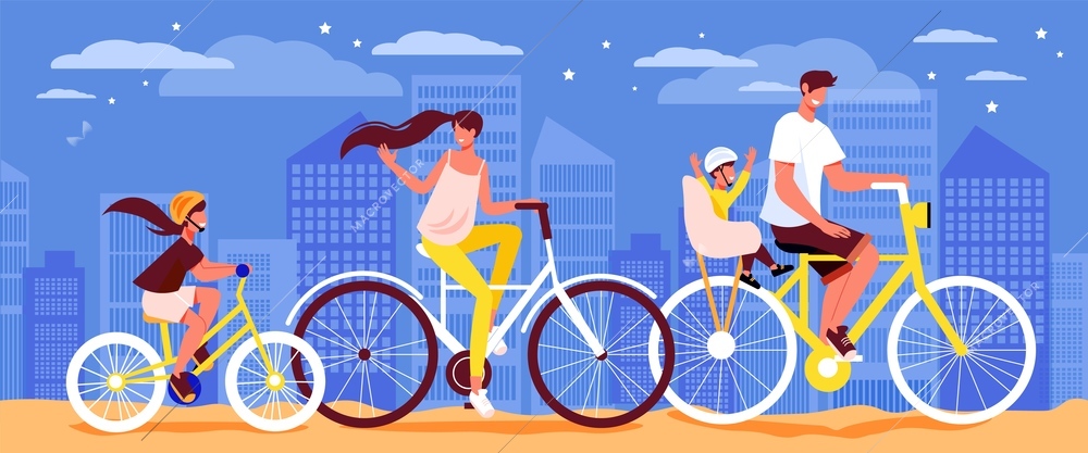 Family active holidays bicycle outdoor composition with group of human characters riding bikes of different size vector illustration