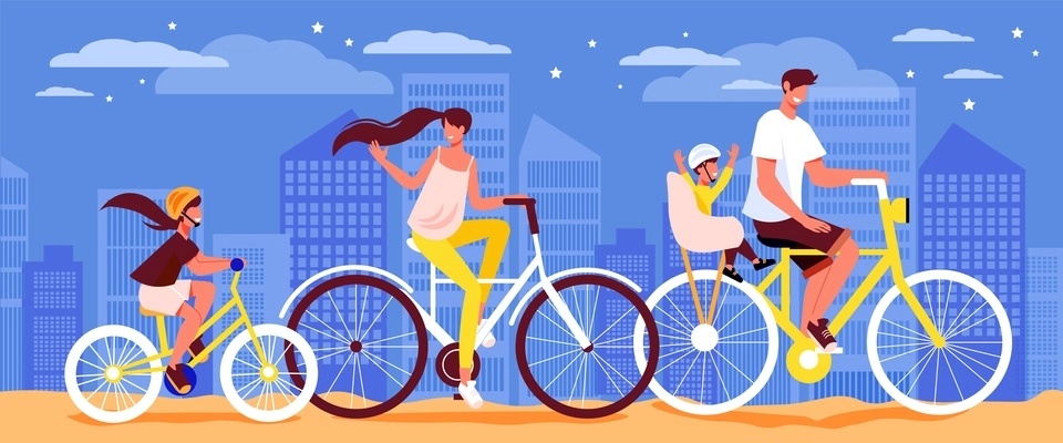 Family active holidays bicycle outdoor composition with group of human characters riding bikes of different size vector illustration