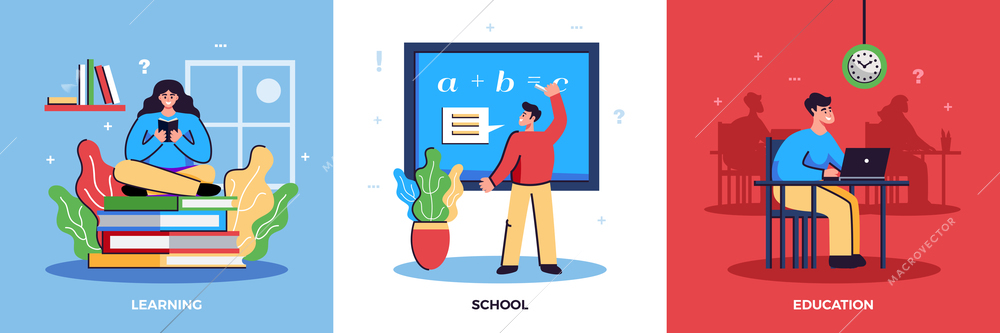 Back to school 3 flat colorful compositions with learning on book pile in yoga pose vector illustration
