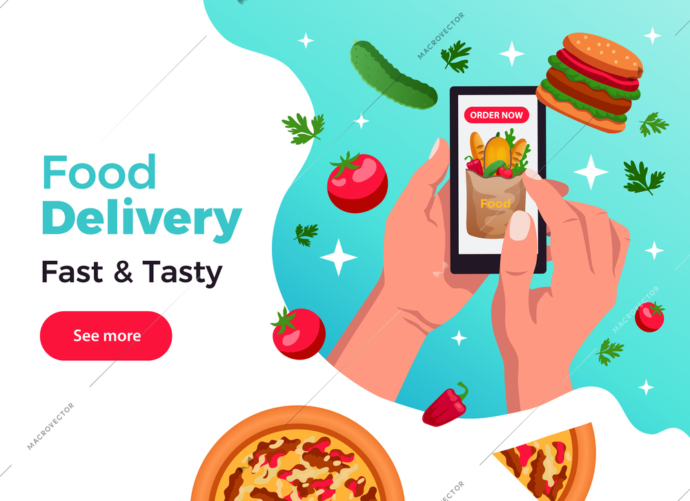 Food order online using mobile devices app web page with hands holding smartphone flat composition vector illustration