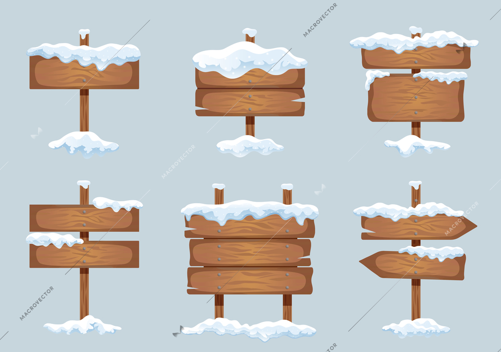 Wooden signboards direction sign board pointer with snow ice caps realistic winter images set vector illustration