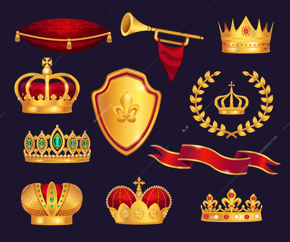 Monarchy attributes heraldic symbols realistic set with gold crowns tiara trumpet laurel wreath ceremonial cushion vector illustration