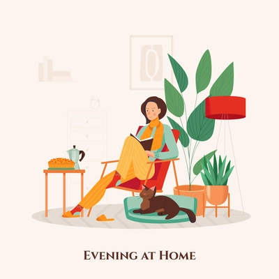 Woman in armchair spending evening with cat and book at her cozy home flat vector illustration