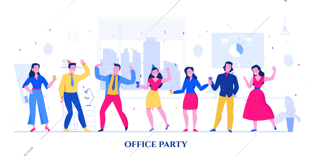 Dancing colleagues in bright suits and dresses at office party flat vector illustration