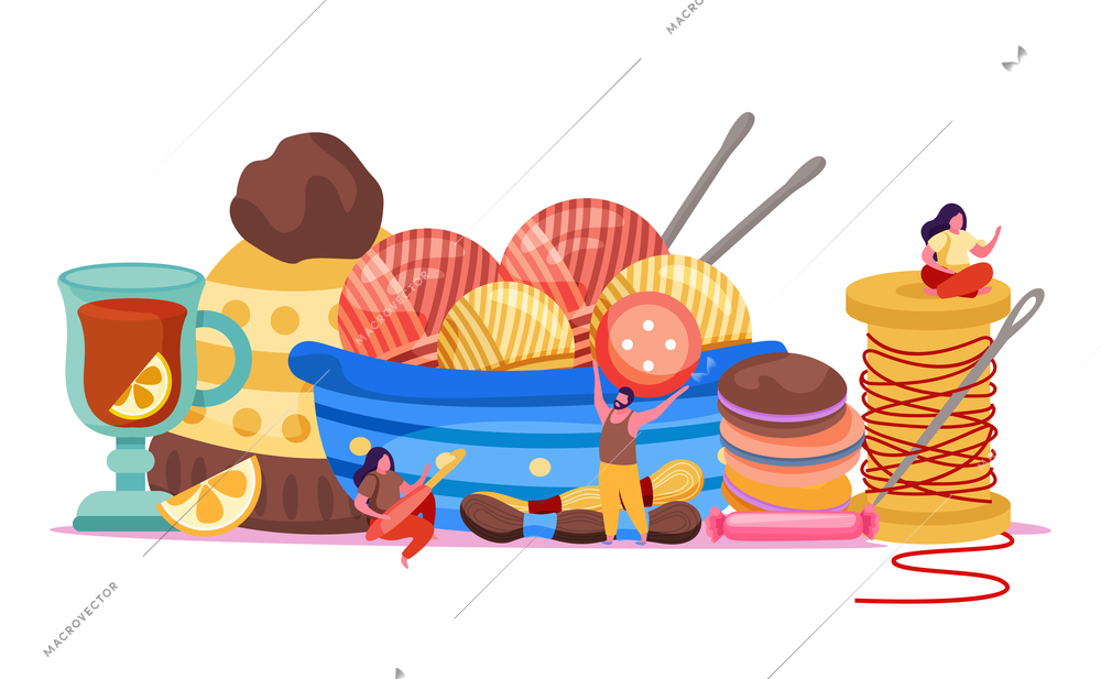 Knitting flat composition with small doodle style human characters holding clews buttons and needles with knitwear vector illustration