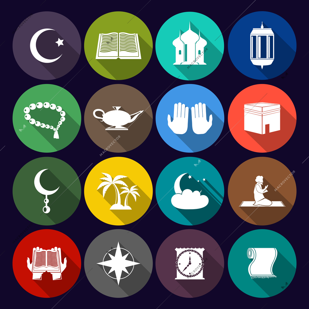 Islamic church muslim arabic spiritual traditional symbols flat icons set isolated vector illustration