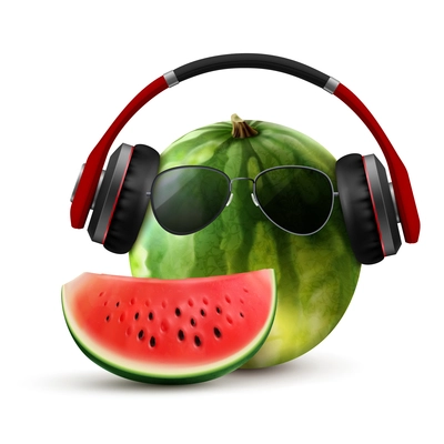 Sunglasses realistic summer composition with watermelon in wireless headphones with glasses and slice on blank background vector illustration