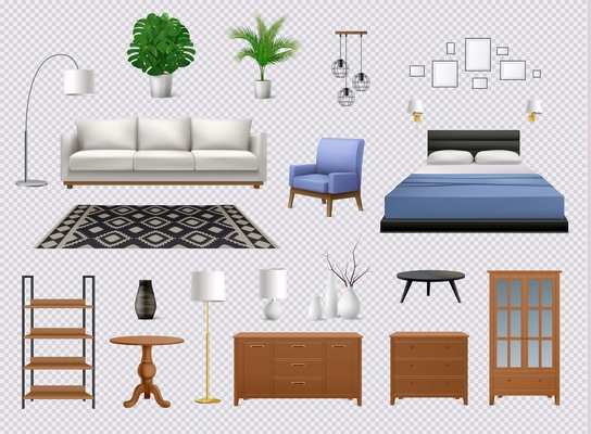 Set of isolated interior icons with realistic images of pieces of designer furniture on transparent background vector illustration