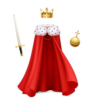 King cloak composition with realistic image of monarch gown with red royal robe sceptre and ball vector illustration