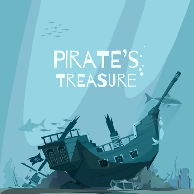 Pirate background composition with underwater scenery and fishes with sunken pirate vessel ship wreck with text vector illustration