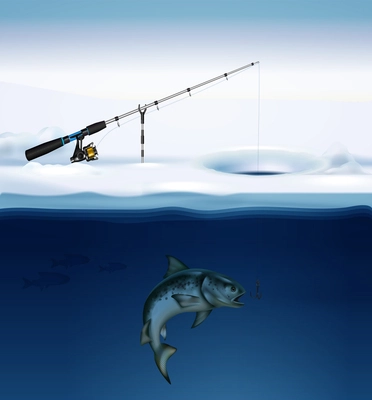 Winter fishing composition with realistic image of fish under ice with fishing tackle fixed on surface vector illustration