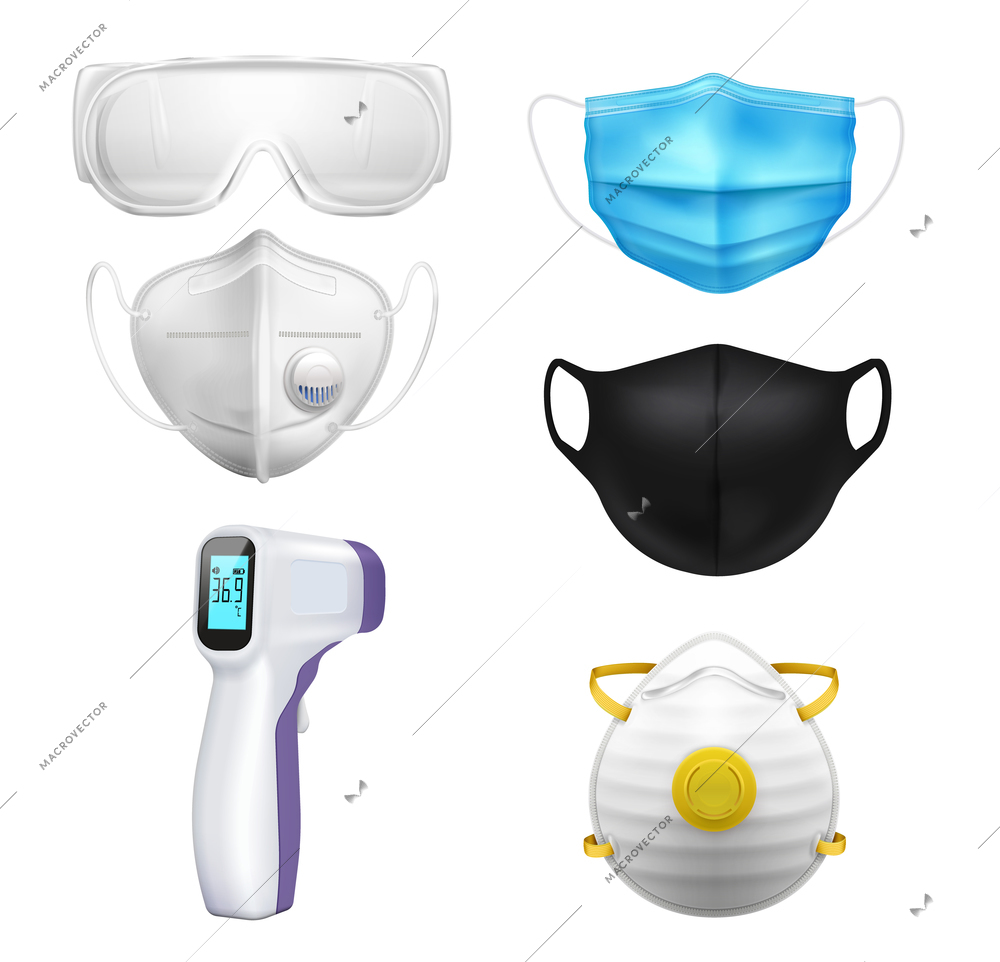 Infrared thermometers coronavirus realistic big set of isolated icons with images of masks glasses and respirator vector illustration