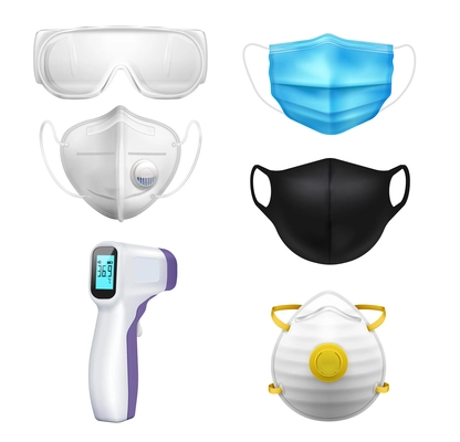 Infrared thermometers coronavirus realistic big set of isolated icons with images of masks glasses and respirator vector illustration