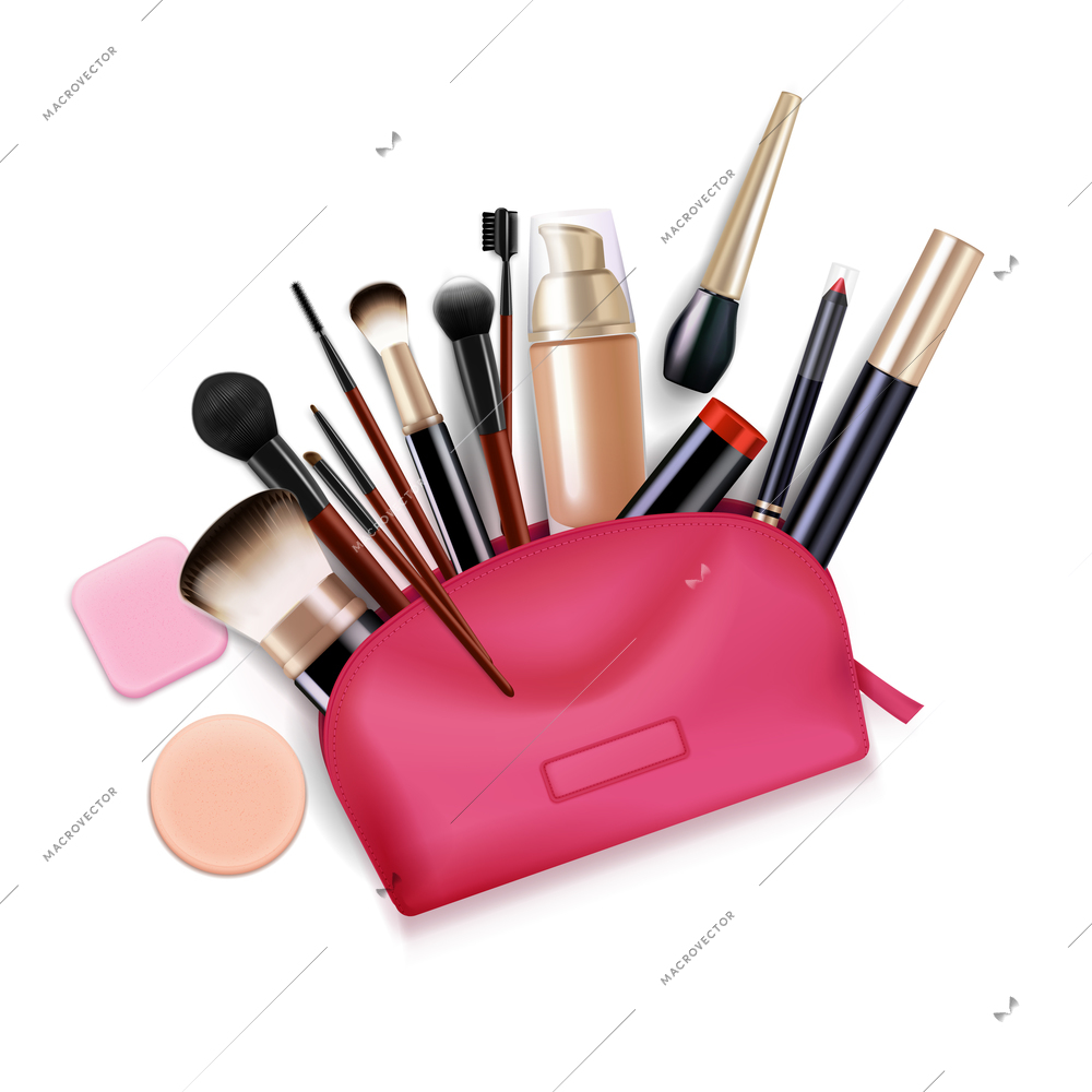 Bag with cosmetics realistic composition with top view of pink toiletry case with applicator brushes eyeliners vector illustration