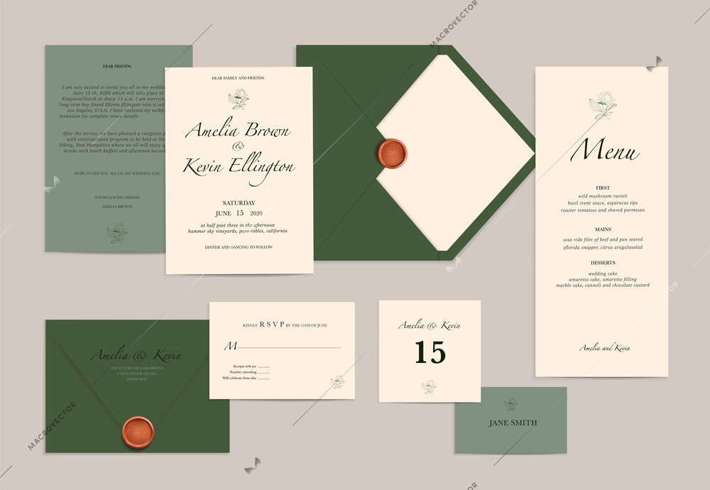 Set of green and white wedding invitation card and menu mockup realistic isolated vector illustration