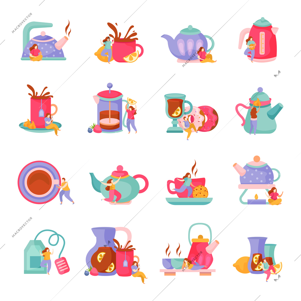 Tea time flat set of isolated icons with teapots cups and plates with doodle human characters vector illustration