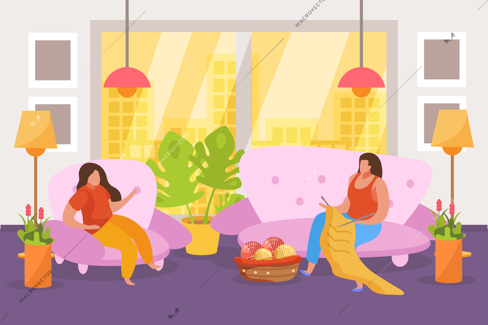 Hobby flat people composition with living room interior scenery with cityscape and knitting women on sofa vector illustration