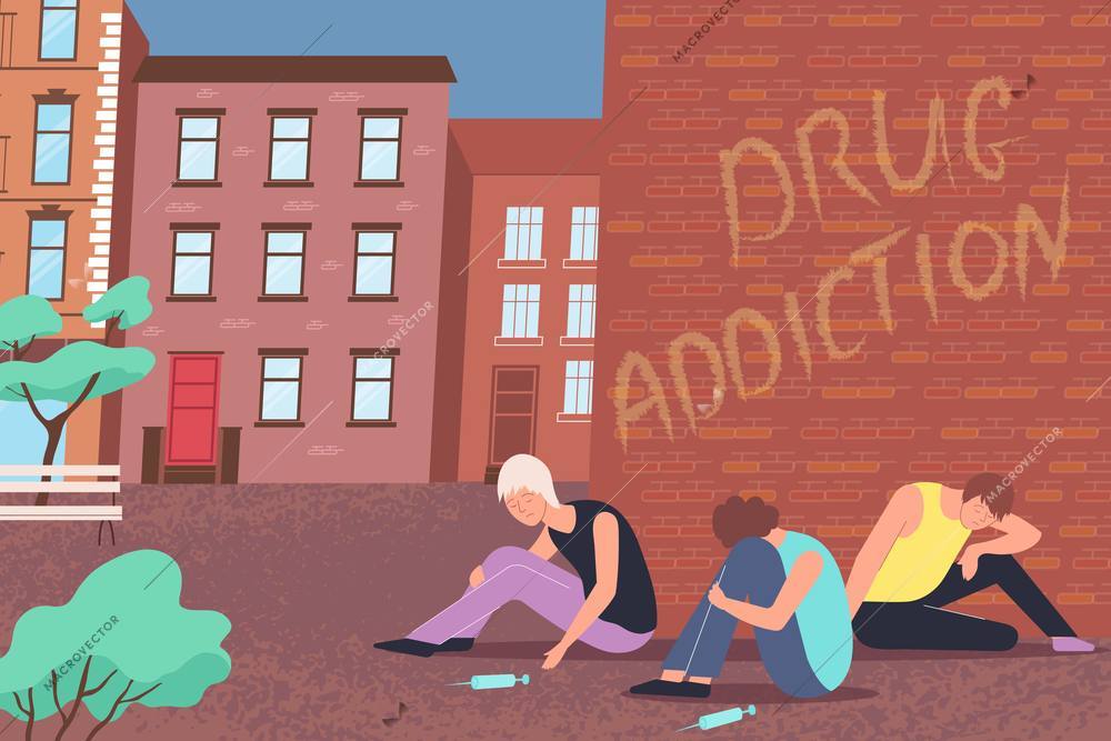 Drug addiction composition with three drug addicts sit in the alley with syringes vector illustration