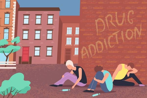 Drug addiction composition with three drug addicts sit in the alley with syringes vector illustration