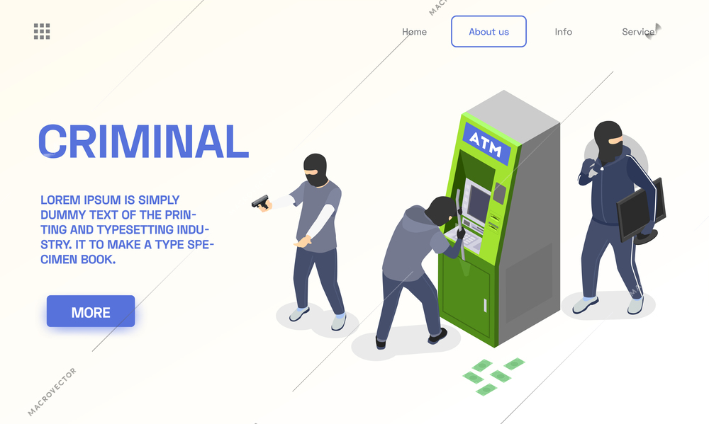 Isometric concept with armed criminals breaking atm 3d vector illustration